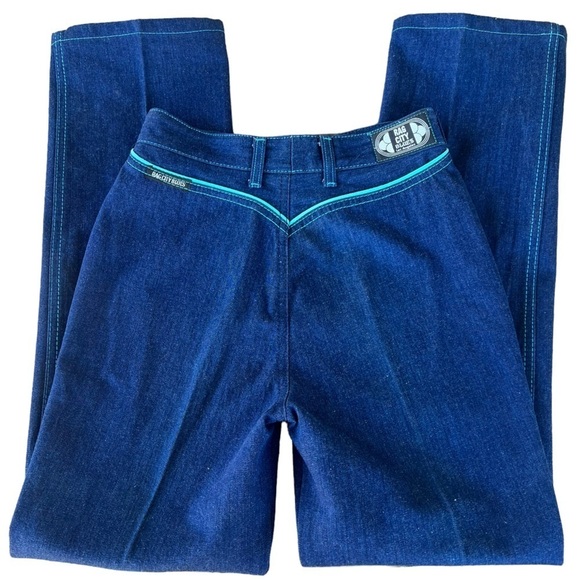 VTG 80s Rag City Blues High Waisted Bareback Jeans Straight Leg Blue Piping 7/8 - Picture 1 of 13